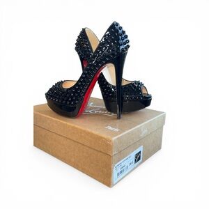 Christian Louboutin Altadama 140 Spikes Black Patent Peep Toe Heels 38 US 8